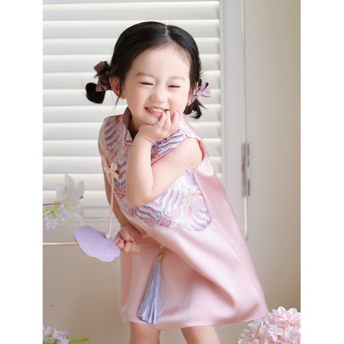 周嵗女寶寶禮服夏抓周宴幼兒童一嵗衣服中式紅色嬰兒生日女童旗袍