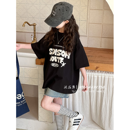 波拉韓女童短袖夏裝T恤2025新款洋氣兒童體恤中大童純棉半袖上衣