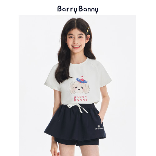 BarryBanny女童短袖T恤2025夏季新款兒童白色小狗印花圓領上衣女