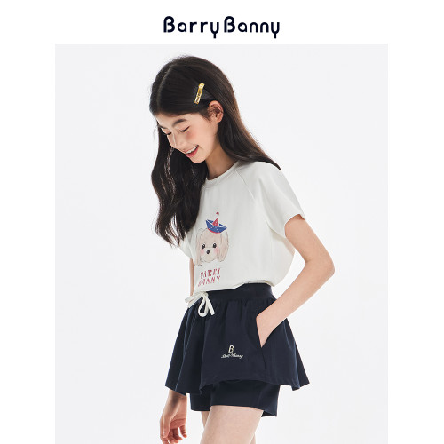 BarryBanny女童短袖T恤2025夏季新款兒童白色小狗印花圓領上衣女