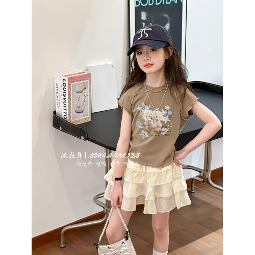 波拉韓女童夏季短袖小女孩溫柔T恤2025新款兒童短款打底t修身上衣