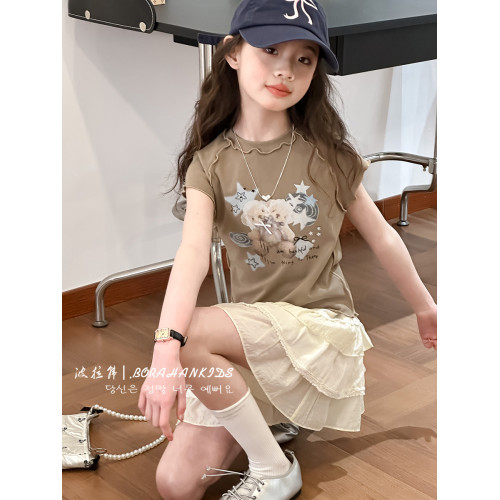 波拉韓女童夏季短袖小女孩溫柔T恤2025新款兒童短款打底t修身上衣