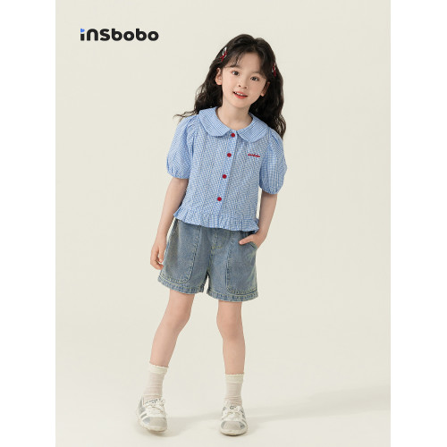 女童短袖t恤洋氣格子上衣女孩夏季衣服襯衫大童夏裝兒童童裝長袖