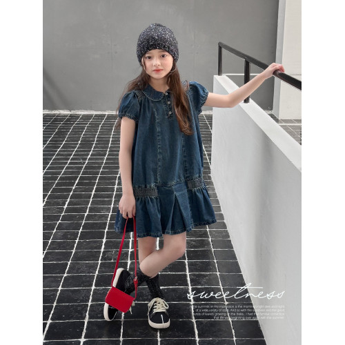 【盛夏】藍小爸童裝女童牛仔連衣裙夏季新款兒童洋氣荷葉邊裙子