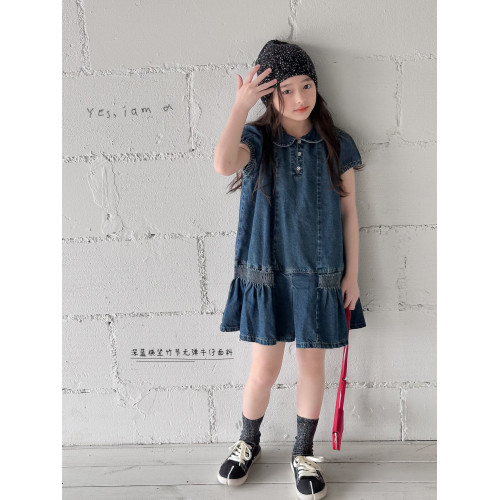 【盛夏】藍小爸童裝女童牛仔連衣裙夏季新款兒童洋氣荷葉邊裙子