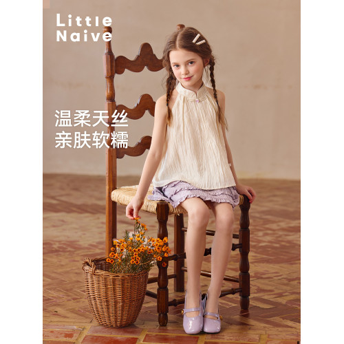 Little Naive兒童中式T恤夏季新款掛脖旗袍領上衣女童光澤背心