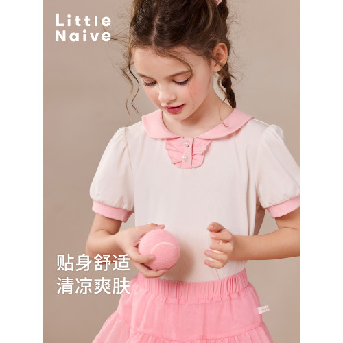 Little Naive兒童娃娃領T恤夏季新款撞色甜美polo衫女童涼感上衣