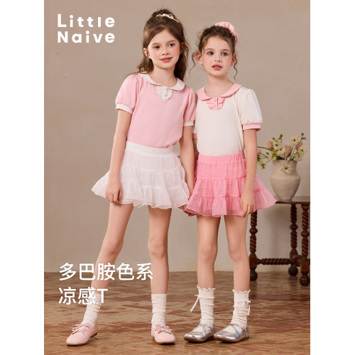 Little Naive兒童娃娃領T恤夏季新款撞色甜美polo衫女童涼感上衣