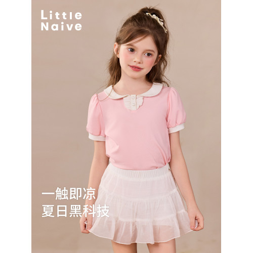 Little Naive兒童娃娃領T恤夏季新款撞色甜美polo衫女童涼感上衣