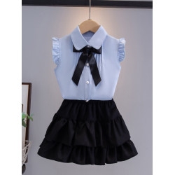 女童襯衫無袖2026新款夏裝背心雪紡上衣蝴蝶結薄款學院風襯衣大童