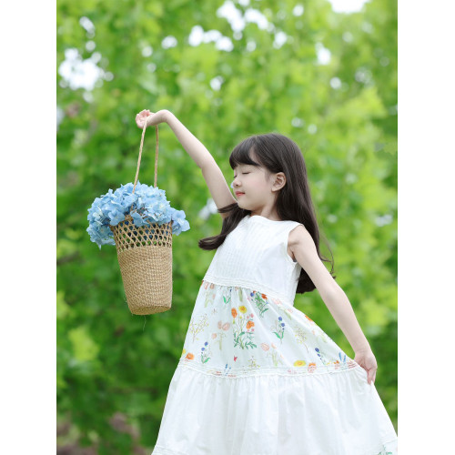 野柿童裝【伏羲夏花】女童法式無袖連衣裙氣質海邊度假碎花長裙