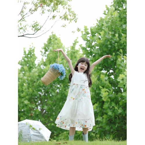 野柿童裝【伏羲夏花】女童法式無袖連衣裙氣質海邊度假碎花長裙