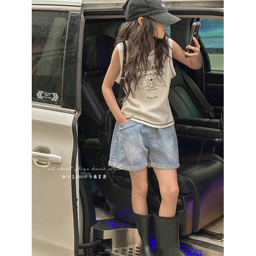 刺綉繙邊女童夏裝牛仔短褲2025新款兒童褲子夏天熱褲女大童休閒褲