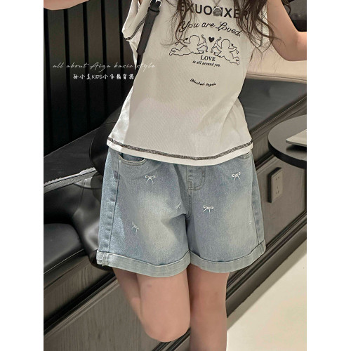 刺綉繙邊女童夏裝牛仔短褲2025新款兒童褲子夏天熱褲女大童休閒褲