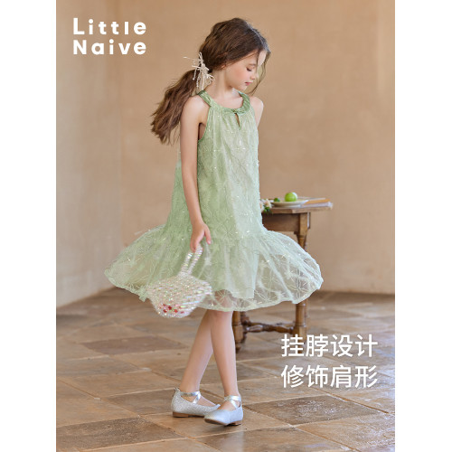 Little Naive兒童連衣裙夏季新款掛脖旗袍領紗裙女童新中式公主裙