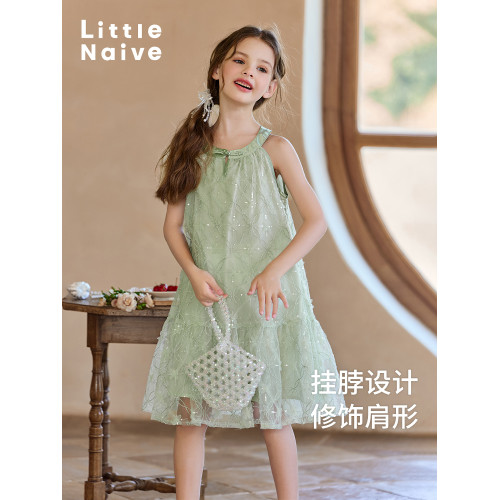 Little Naive兒童連衣裙夏季新款掛脖旗袍領紗裙女童新中式公主裙