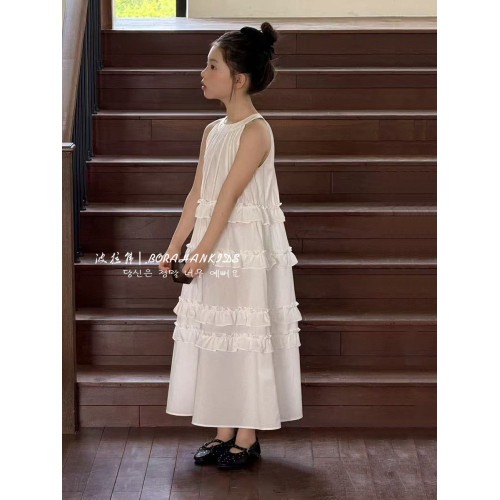 波拉韓女童連衣裙2025新款兒童夏季裙子中大童洋氣背心裙仙氣長裙