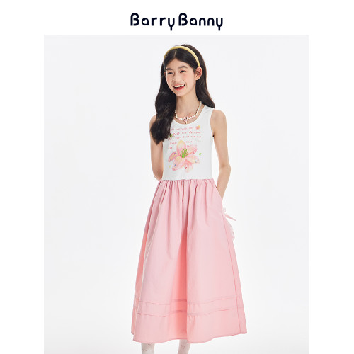 BarryBanny女童百合花連衣裙夏款中大童背心裙清新涼感公主中長裙