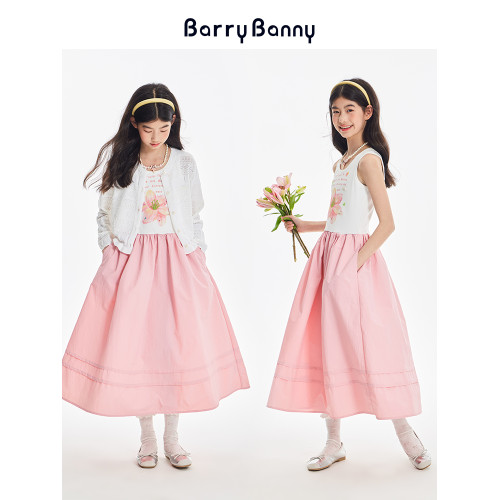 BarryBanny女童百合花連衣裙夏款中大童背心裙清新涼感公主中長裙