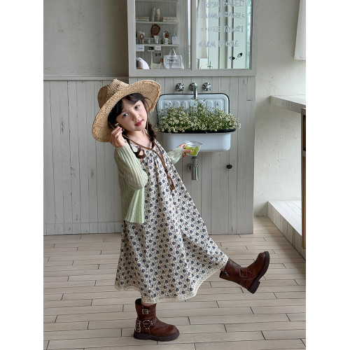 柒號童倉女大童韓版洋氣碎花吊帶裙夏裝新款女童田園風波點連衣裙