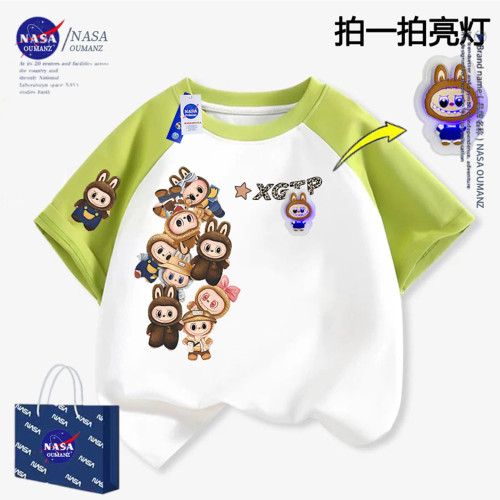 NASA卡通拉布布亮燈純棉T恤短袖男童夏新款labubu半袖休閒中大童
