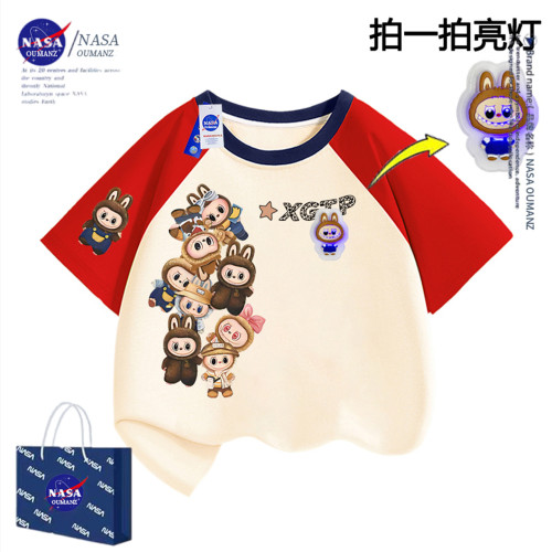 NASA卡通拉布布亮燈純棉T恤短袖男童夏新款labubu半袖休閒中大童