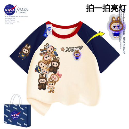 NASA卡通拉布布亮燈純棉T恤短袖男童夏新款labubu半袖休閒中大童