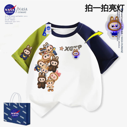 NASA卡通拉布布亮燈純棉T恤短袖男童夏新款labubu半袖休閒中大童