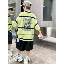 安哼安哼男童夏裝短袖套裝條紋2025新款帥氣男孩中大童兒童夏季兩