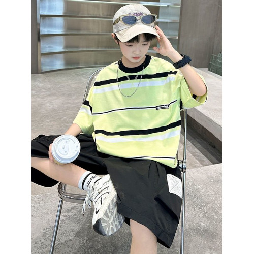 安哼安哼男童夏裝短袖套裝條紋2025新款帥氣男孩中大童兒童夏季兩