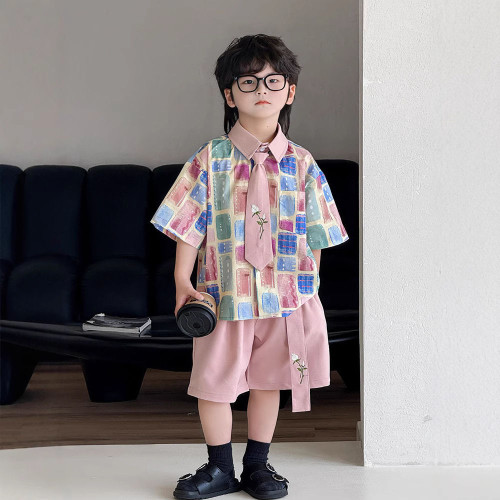 兒童套裝2025夏季新款多巴胺時尚潮流度假風休閒男童短袖襯衫套裝