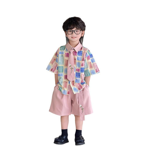 兒童套裝2025夏季新款多巴胺時尚潮流度假風休閒男童短袖襯衫套裝
