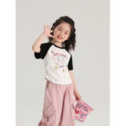 布丁哈魯夏裝女童洋氣打底衫2026新款兒童卡通插肩短袖休閒T恤