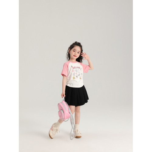 布丁哈魯夏裝女童洋氣打底衫2026新款兒童卡通插肩短袖休閒T恤