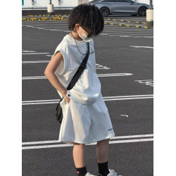男童夏季無袖坎肩套裝2025新款中大童純色帥氣兒童運動洋氣兩件套