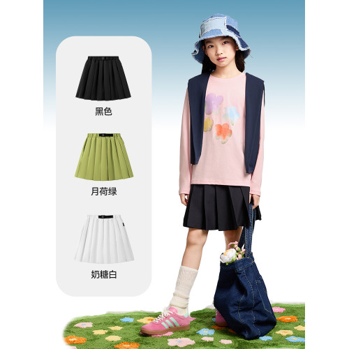 安奈兒童裝女童半身裙2025夏新款時尚運動風彈力黑色百褶短裙