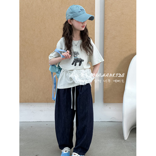 波拉韓女童牛仔褲夏季2025新款兒童韓系褲子中大童寬松老爹褲長褲
