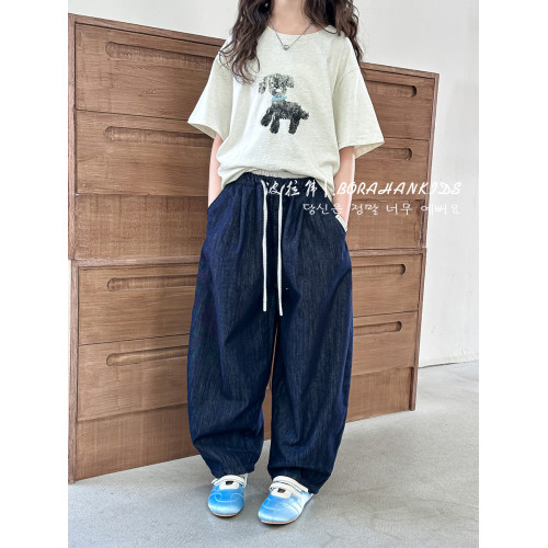 波拉韓女童牛仔褲夏季2025新款兒童韓系褲子中大童寬松老爹褲長褲