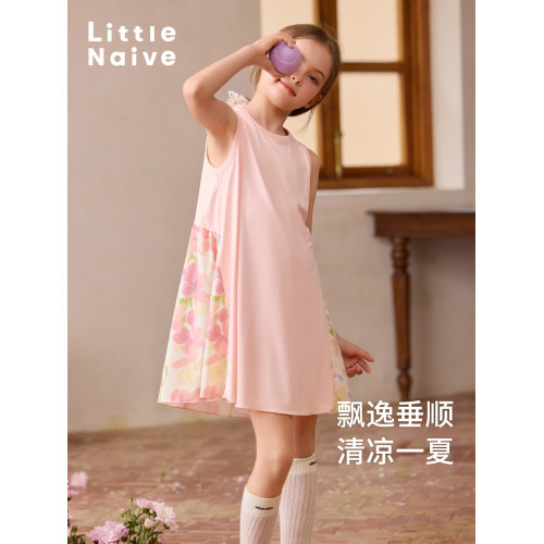 Little Naive兒童運動連衣裙夏季新款寬松A字裙女童拼接背心裙