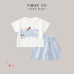 next tsi兒童夏季短袖藍格調套裝男童卡通T恤休閒短褲分體兩件套
