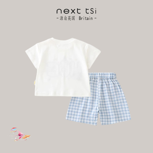 next tsi兒童夏季短袖藍格調套裝男童卡通T恤休閒短褲分體兩件套