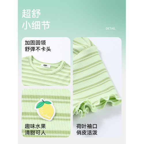 安奈兒童裝女童圓領短袖T恤2025夏新款甜美條紋彈力撞色潮流上衣