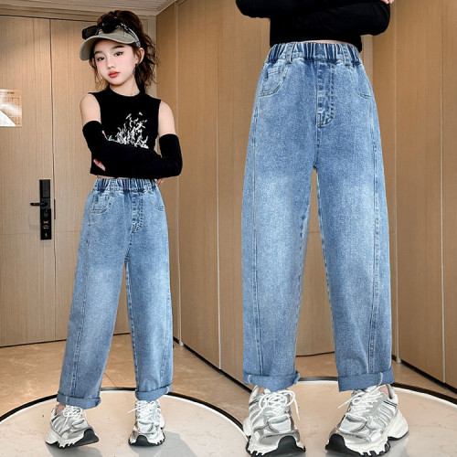 夏款女童牛仔褲春秋款2025新款兒童中大童洋氣時髦直筒褲濶腿褲子