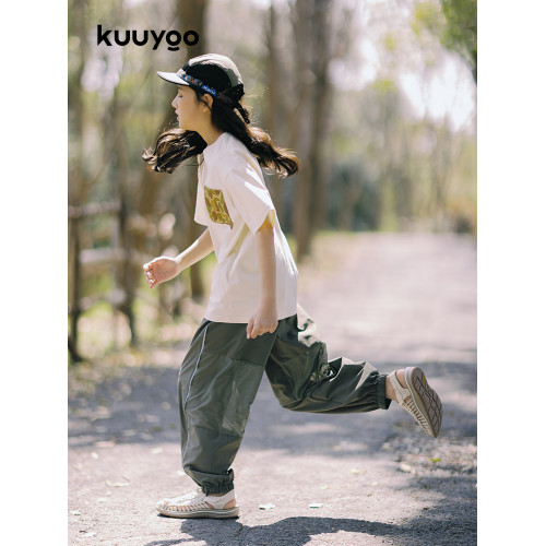 KUUYOO女童網紗拼接防蚊褲中大童夏季輕薄褲子透氣兒童休閒長褲
