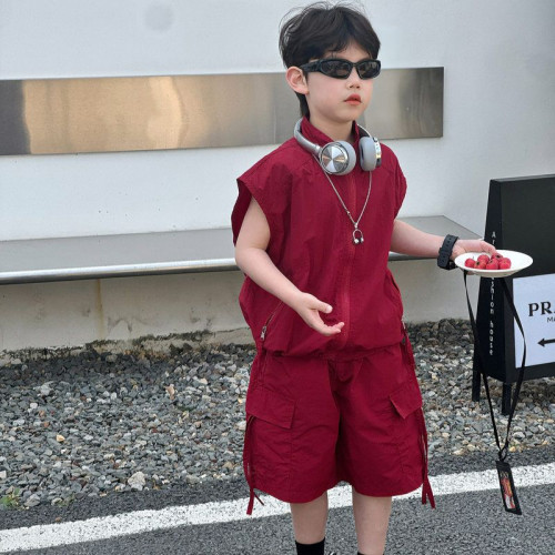 小頑童2025夏季新款韓版男童百搭設計感街頭工裝套裝兒童短袖短褲