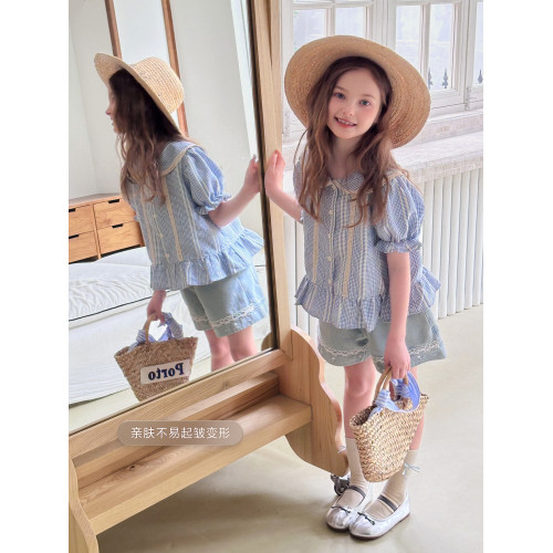 【冰島格】藍小爸童裝女童格紋短袖襯衫夏新款泡泡袖花邊顯瘦上衣