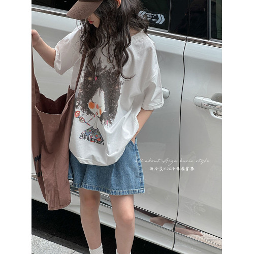 韓國童裝女童夏季短袖T恤2025新款兒童寬鬆上衣女大童洋氣半袖潮t