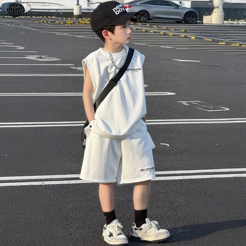 男童套裝夏裝2025新款男中大童夏裝韓版T恤短褲無袖潮帥氣兩件套