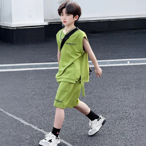 男童套裝夏裝2025新款男中大童夏裝韓版T恤短褲無袖潮帥氣兩件套
