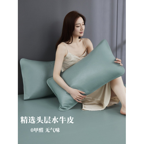 夏季整張無拼接頭層水牛皮枕套一對高級單人柔軟皮枕頭親膚金山峽
